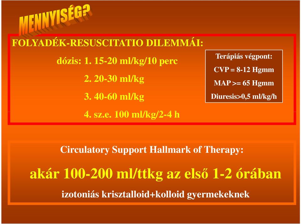 100 ml/kg/2-4 h Terápiás végpont: CVP = 8-12 Hgmm MAP >= 65 Hgmm Diuresis>0,5