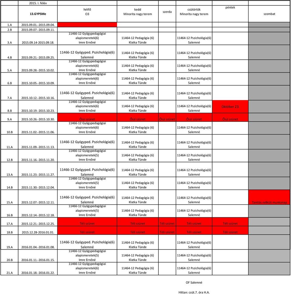 Pszichológia(6) 11466-12 Gyógypedagógiai alapismeretek(6) Imre Ernőné 11466-12 Gyógypedagógiai alapismeretek(6) Imre Ernőné 11464-12 Pszichológia(6) 11464-12 Pszichológia(6) 11464-12 Pszichológia(6)