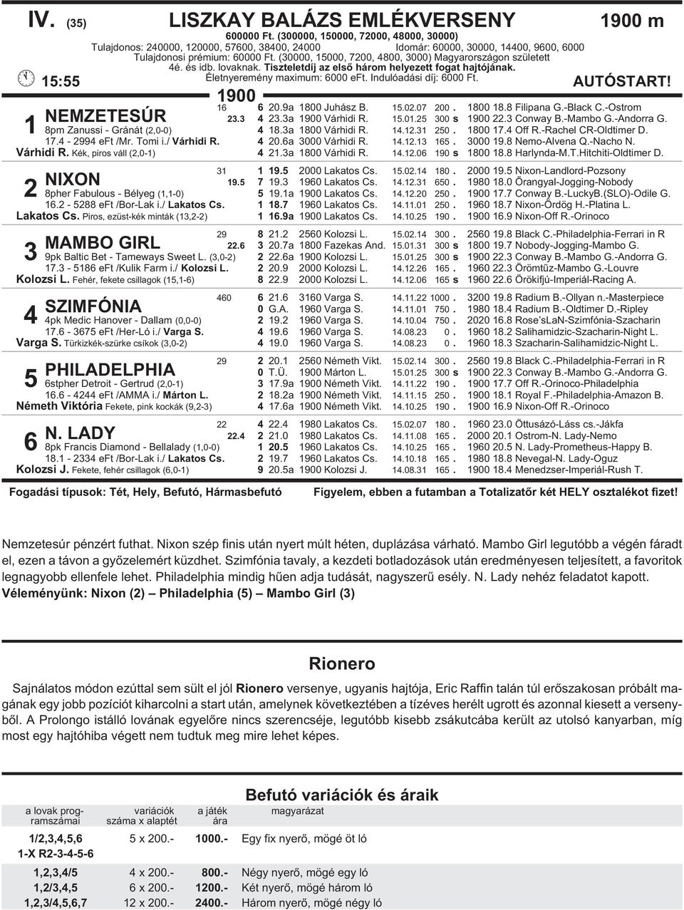 (30000, 15000, 7200, 4800, 3000) Magyarországon született 4é. és idb. lovaknak. Tiszteletdíj az elsõ három helyezett fogat hajtójának. 15:55 Életnyeremény maximum: 6000 eft. Indulóadási díj: 6000 Ft.