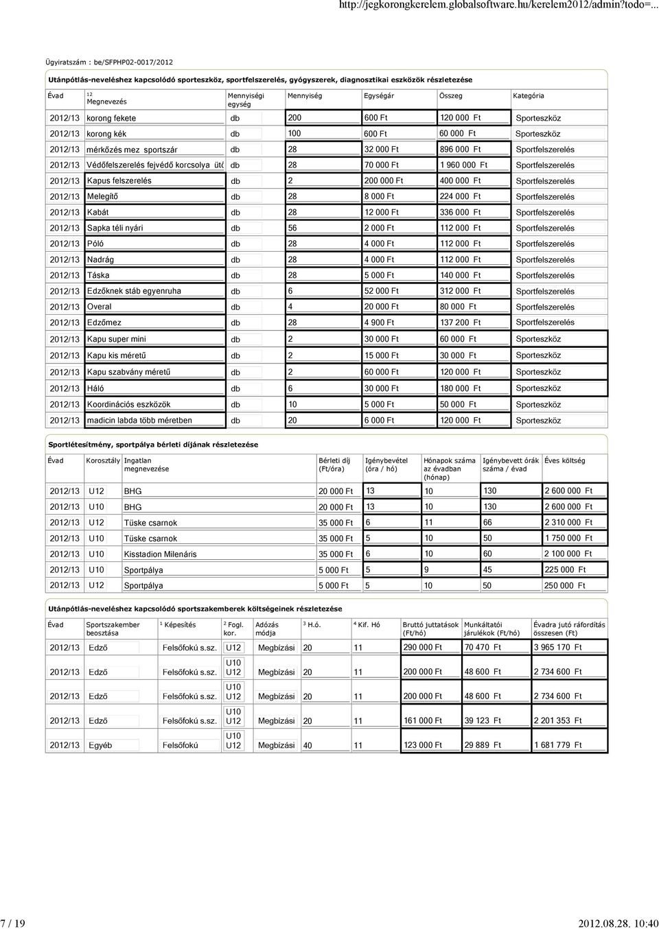 fekete 200 60 120 00 korong kék 100 60 60 00 mérkőzés mez sportszár 28 32 00 896 00 Védőfelszerelés fejvédő korcsolya ütő 28 70 00 1 960 00 Kapus felszerelés 2 200 00 400 00 Melegítő 28 8 00 224 00