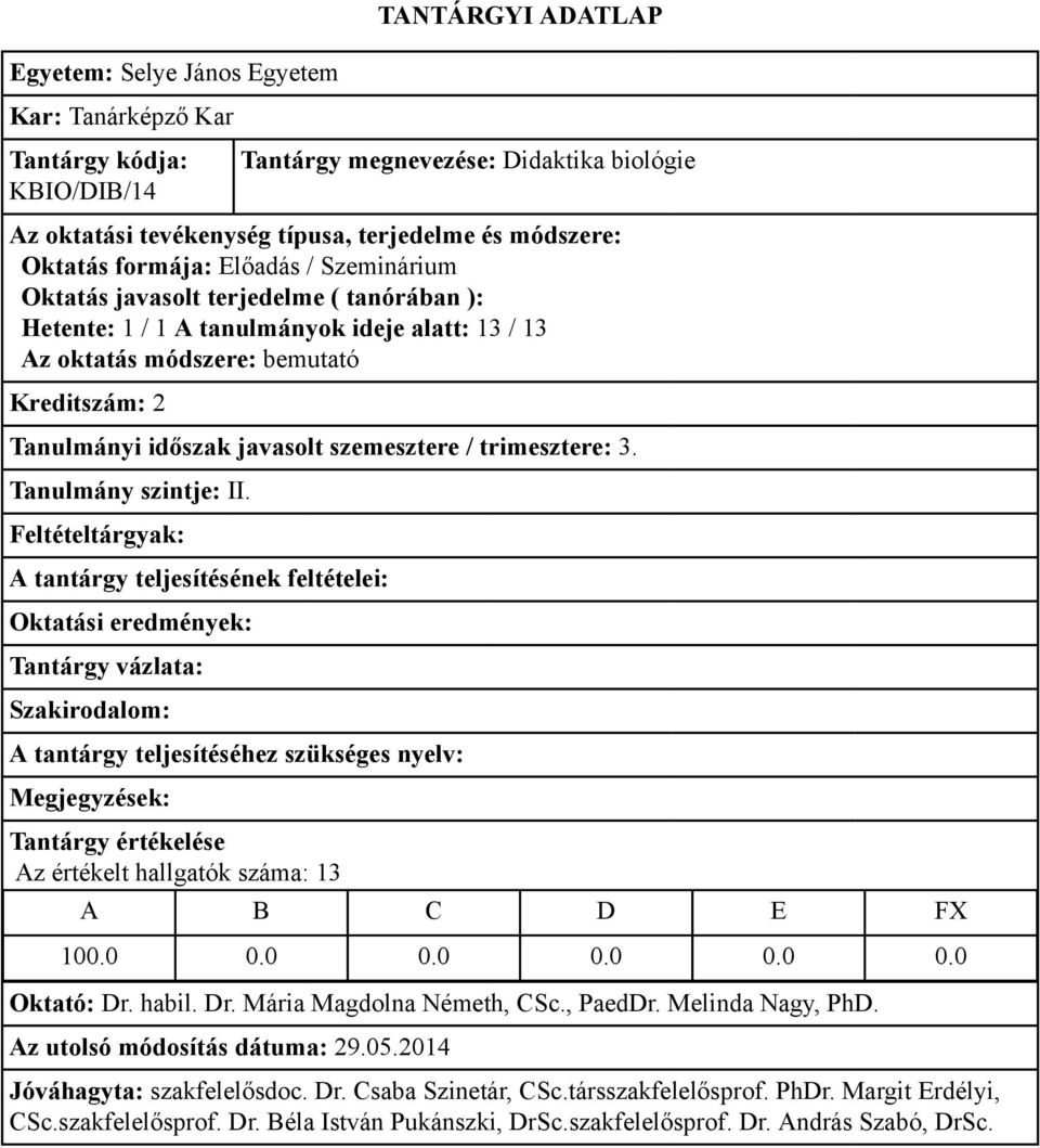 szemesztere / trimesztere: 3. Az értékelt hallgatók száma: 13 100.0 0.0 0.0 0.0 0.0 0.0 Oktató: Dr.