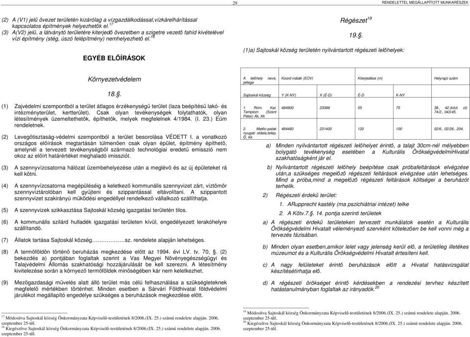 . (1)a) Sajtoskál község területén nyilvántartott régészeti lelıhelyek: Környezetvédelem A lelıhely neve, jellege Koord ináták (EOV) Kiterjedése (m) Helyrajzi szám 18.