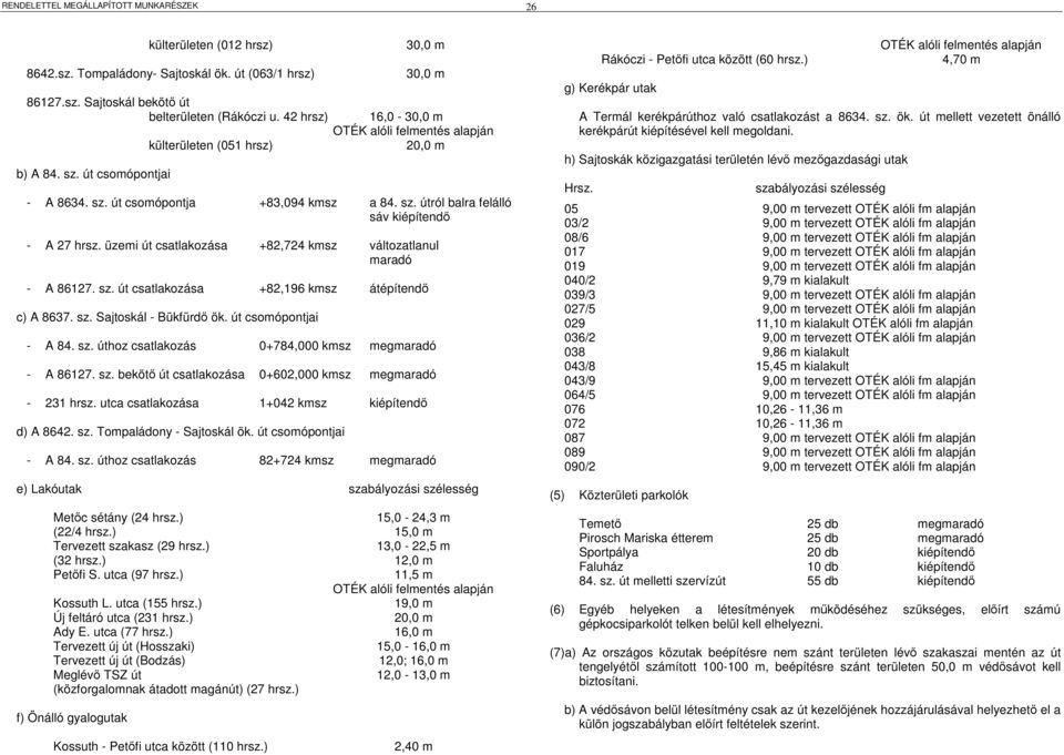 üzemi út csatlakozása +82,724 kmsz változatlanul maradó - A 86127. sz. út csatlakozása +82,196 kmsz átépítendı c) A 8637. sz. Sajtoskál - Bükfürdı ök. út csomópontjai - A 84. sz. úthoz csatlakozás 0+784,000 kmsz megmaradó - A 86127.