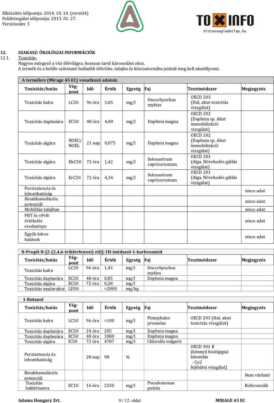 A termékre (Mirage 45 EC) vonatkozó adatok: Toxicitás/hatás Végpont Idő Érték Egység Faj Tesztmódszer Megjegyzés Toxicitás halra LC50 96 óra 3,05 mg/l OECD 203 Oncorhynchus (Hal, akut toxicitás