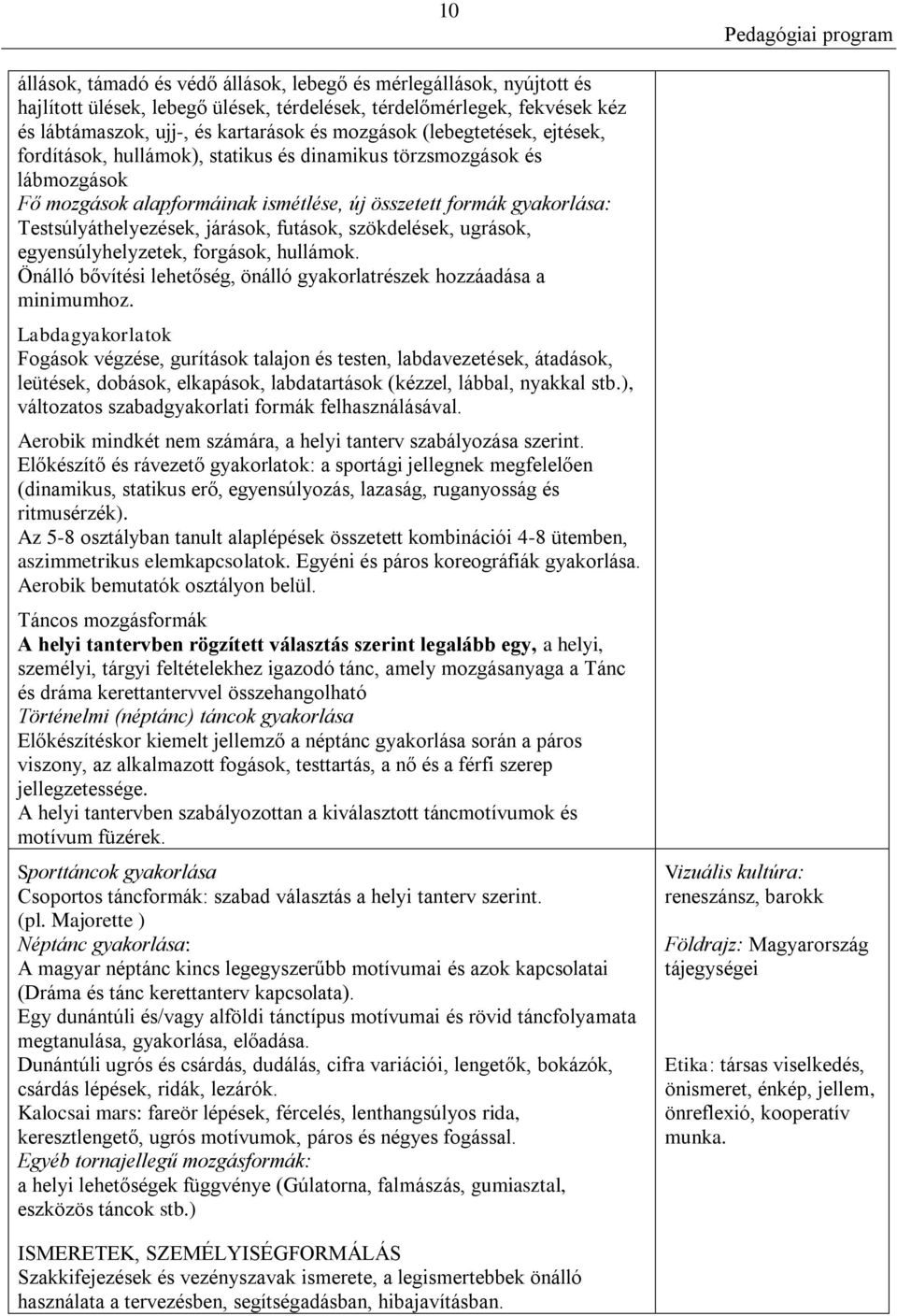 futások, szökdelések, ugrások, egyensúlyhelyzetek, forgások, hullámok. Önálló bővítési lehetőség, önálló gyakorlatrészek hozzáadása a minimumhoz.