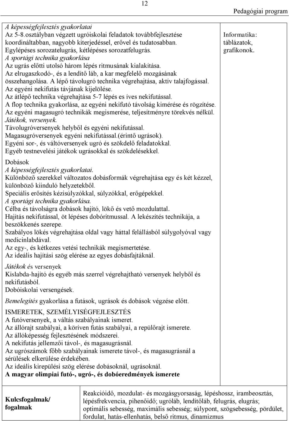 Az elrugaszkodó-, és a lendítő láb, a kar megfelelő mozgásának összehangolása. A lépő távolugró technika végrehajtása, aktív talajfogással. Az egyéni nekifutás távjának kijelölése.