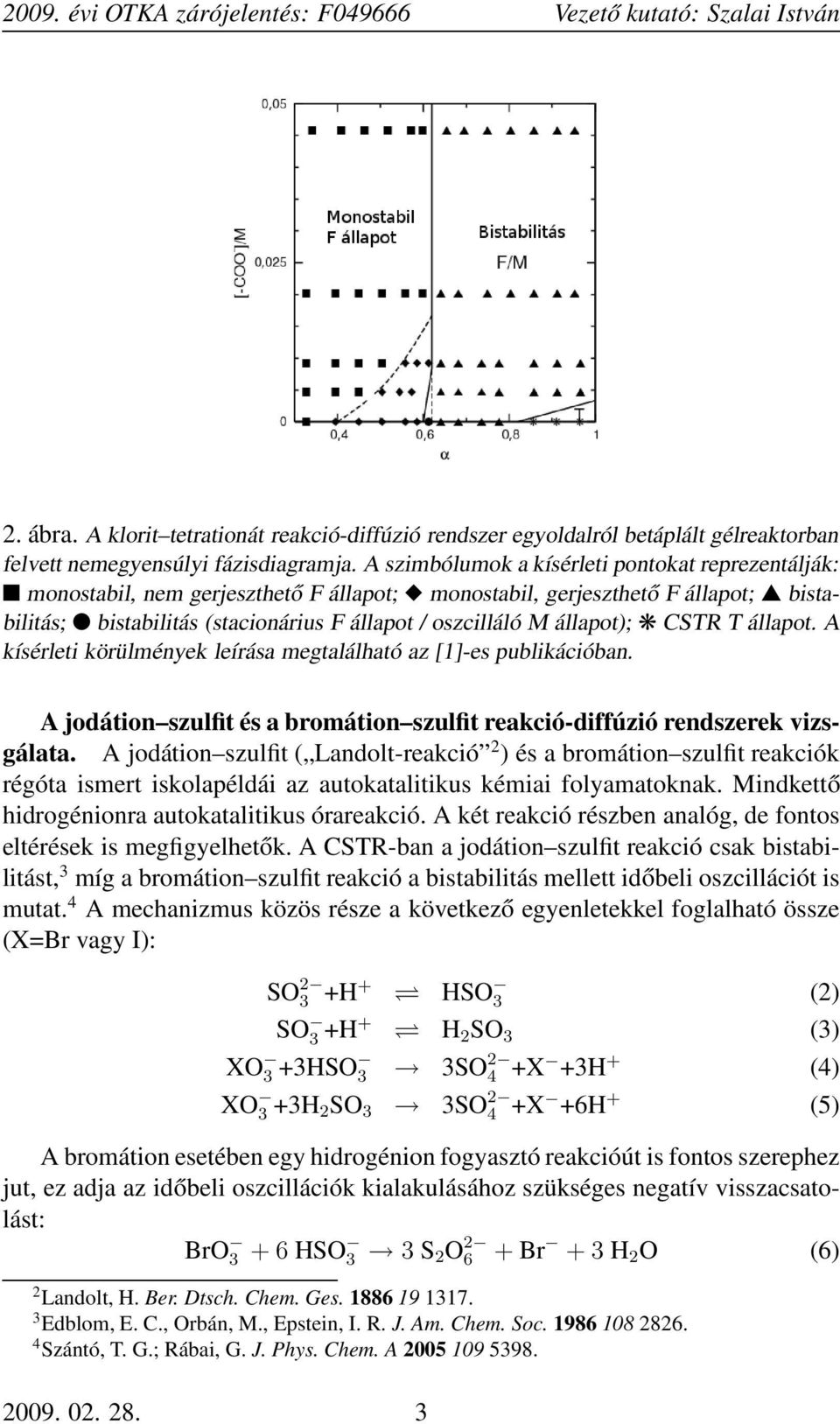 állapot); CSTR T állapot. A kísérleti körülmények leírása megtalálható az [1]-es publikációban. A jodátion szulfit és a bromátion szulfit reakció-diffúzió rendszerek vizsgálata.