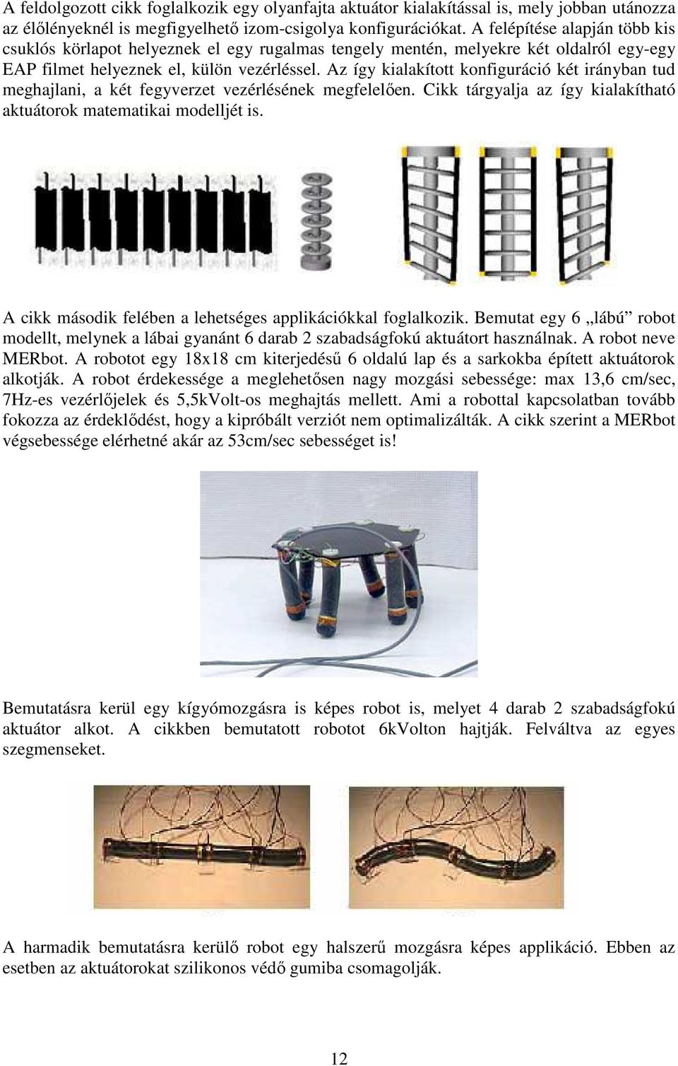 Az így kialakított konfiguráció két irányban tud meghajlani, a két fegyverzet vezérlésének megfelelıen. Cikk tárgyalja az így kialakítható aktuátorok matematikai modelljét is.