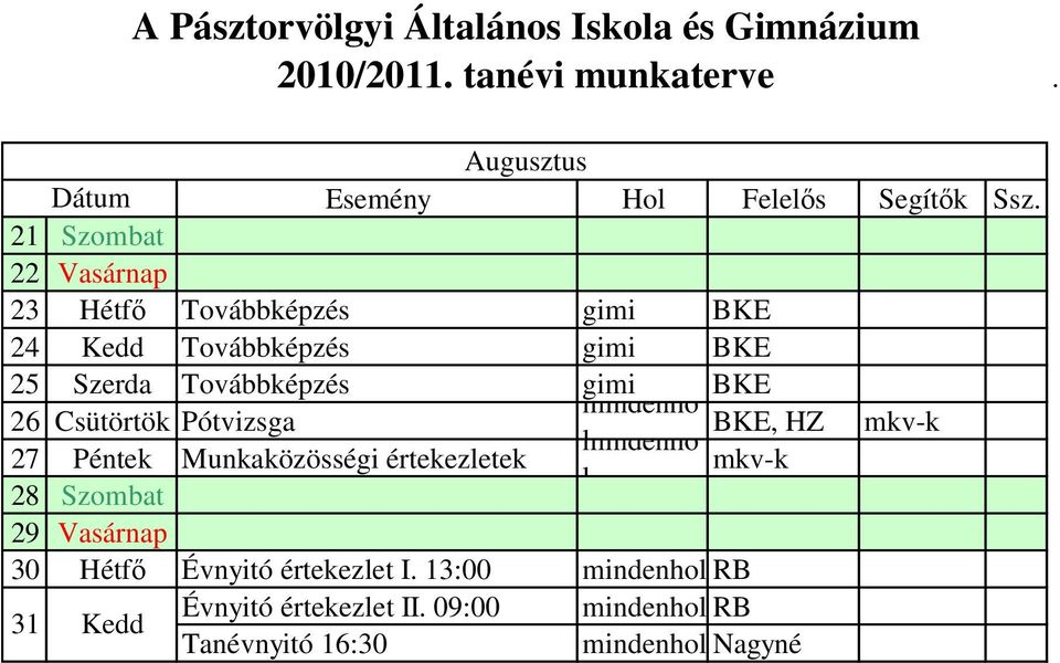 21 Szombat 22 Vasárnap 23 Hétf Továbbképzés BKE 24 Kedd Továbbképzés BKE 25 Szerda Továbbképzés BKE 26