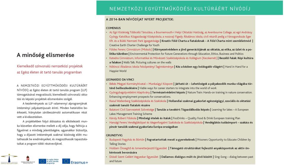 A kezdeményezés az LLP valamennyi alprogramjának intézményi pályázattípusait érinti. Minden határidőre beér kezett, hiánytalan záróbeszámoló automatikusan részt vett a kiválasztásban.