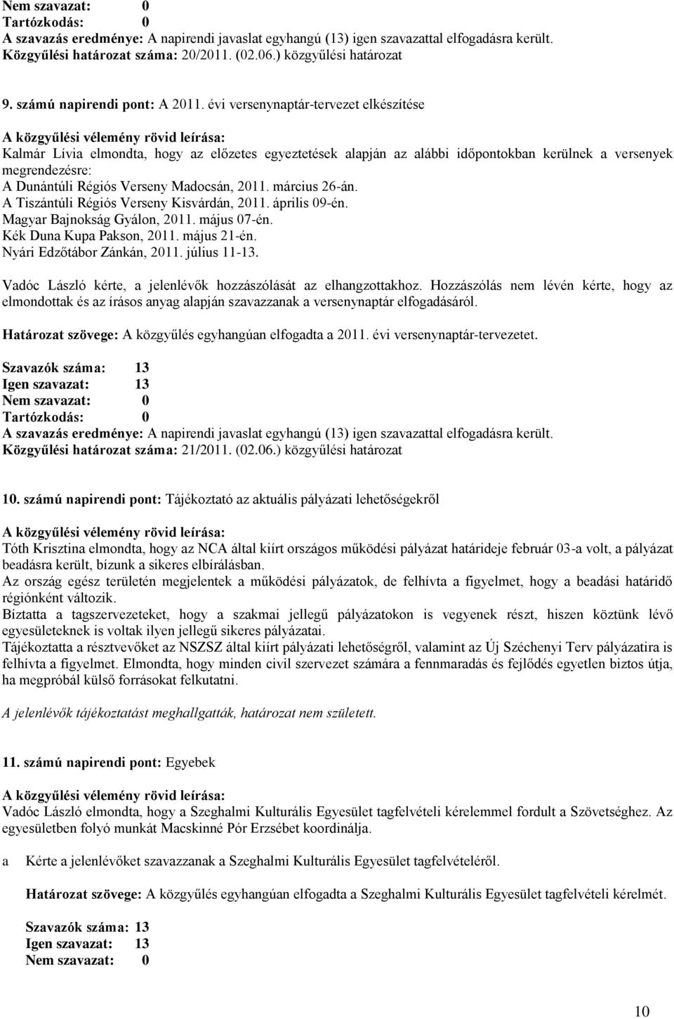 2011. március 26-án. A Tiszántúli Régiós Verseny Kisvárdán, 2011. április 09-én. Magyar Bajnokság Gyálon, 2011. május 07-én. Kék Duna Kupa Pakson, 2011. május 21-én. Nyári Edzőtábor Zánkán, 2011.