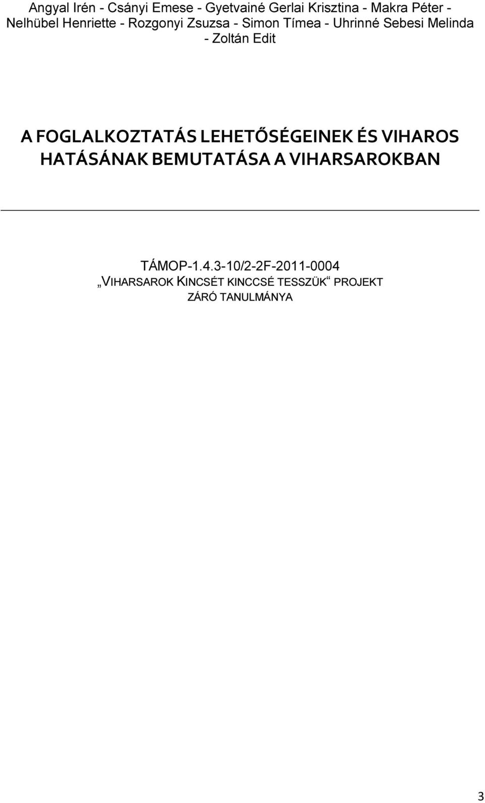 FOGLALKOZTATÁS LEHETŐSÉGEINEK ÉS VIHAROS HATÁSÁNAK BEMUTATÁSA A VIHARSAROKBAN