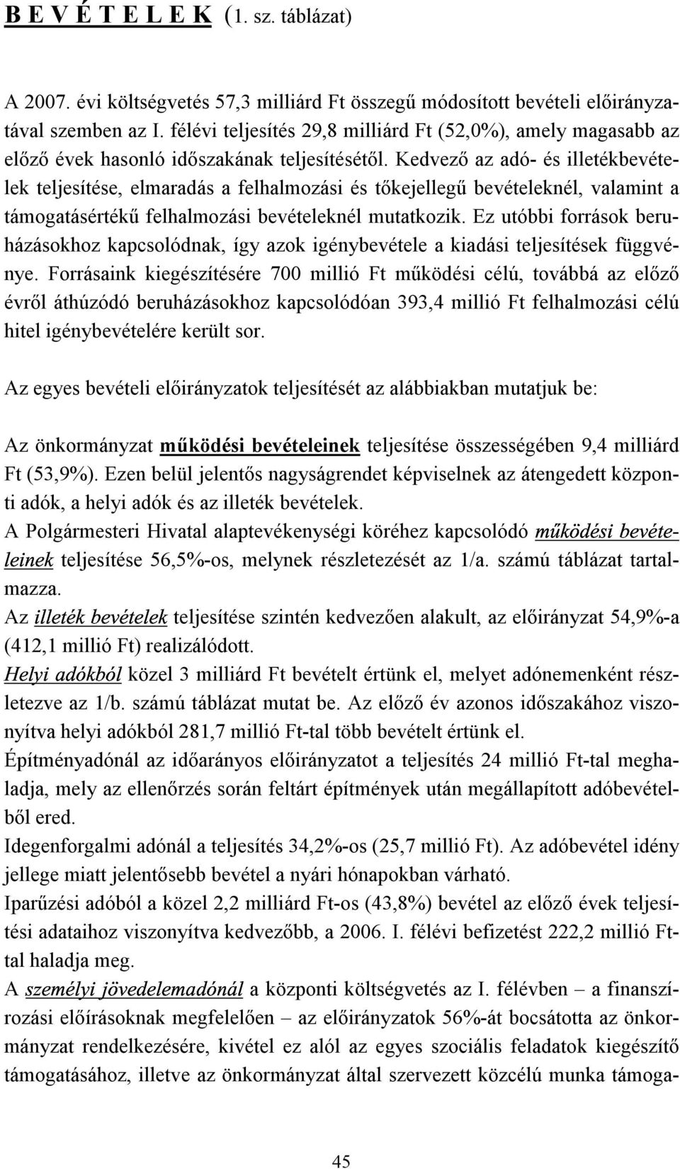 Kedvező az adó- és illetékbevételek teljesítése, elmaradás a felhalmozási és tőkejellegű bevételeknél, valamint a támogatásértékű felhalmozási bevételeknél mutatkozik.