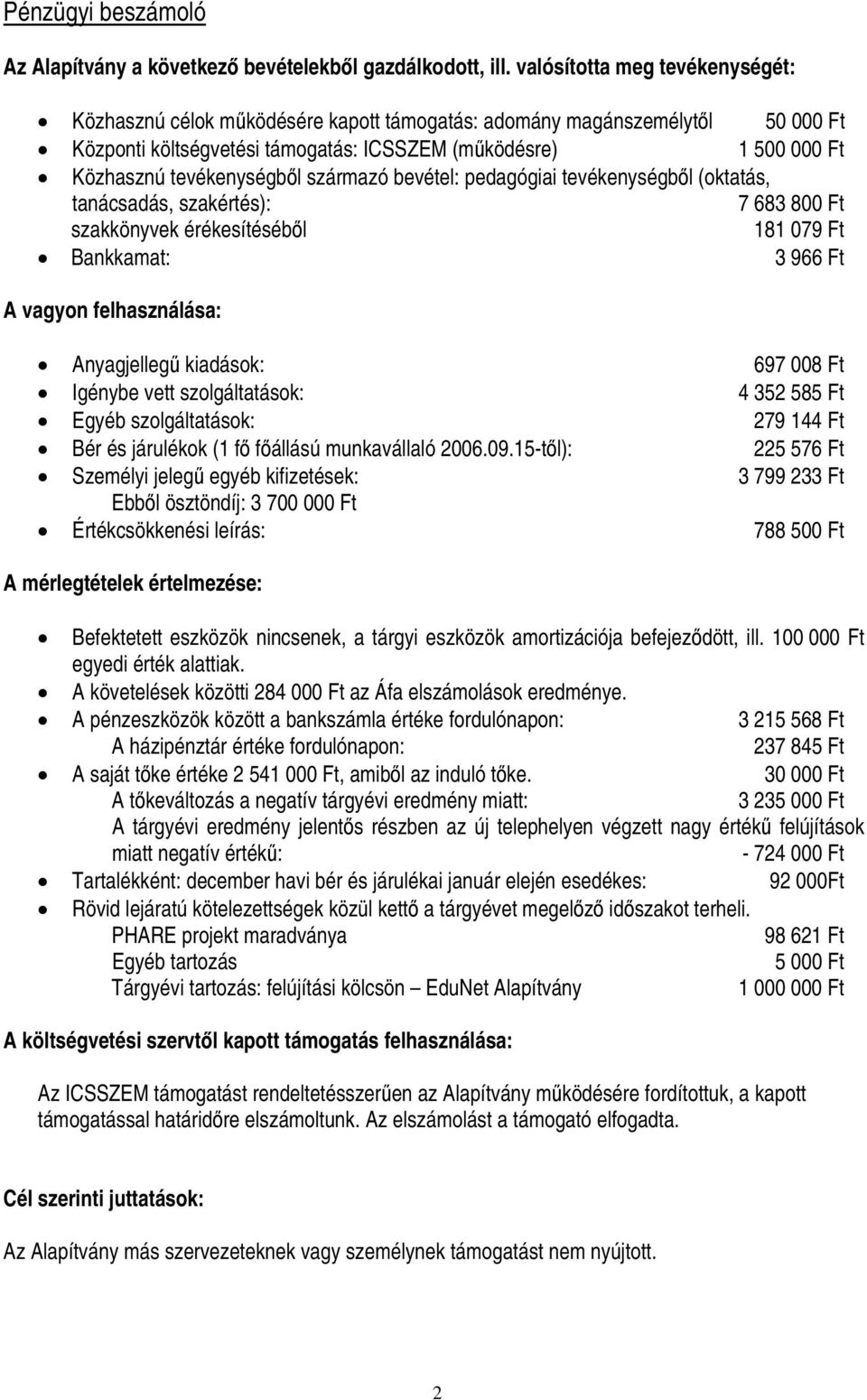 tevékenységből származó bevétel: pedagógiai tevékenységből (oktatás, tanácsadás, szakértés): 7 683 800 Ft szakkönyvek érékesítéséből 181 079 Ft Bankkamat: 3 966 Ft A vagyon felhasználása: