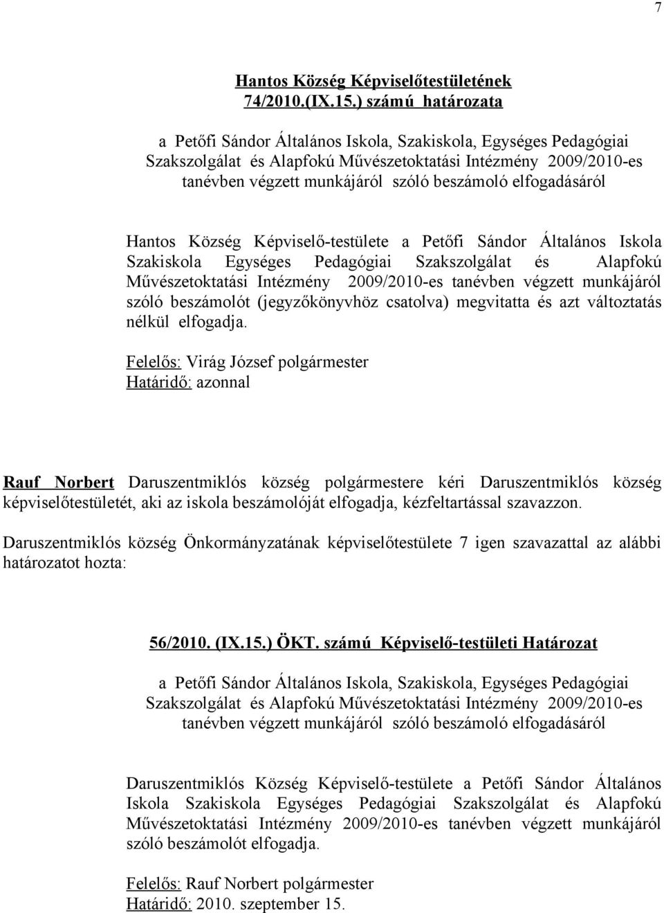 elfogadásáról Hantos Község Képviselő-testülete a Petőfi Sándor Általános Iskola Szakiskola Egységes Pedagógiai Szakszolgálat és Alapfokú Művészetoktatási Intézmény 2009/2010-es tanévben végzett