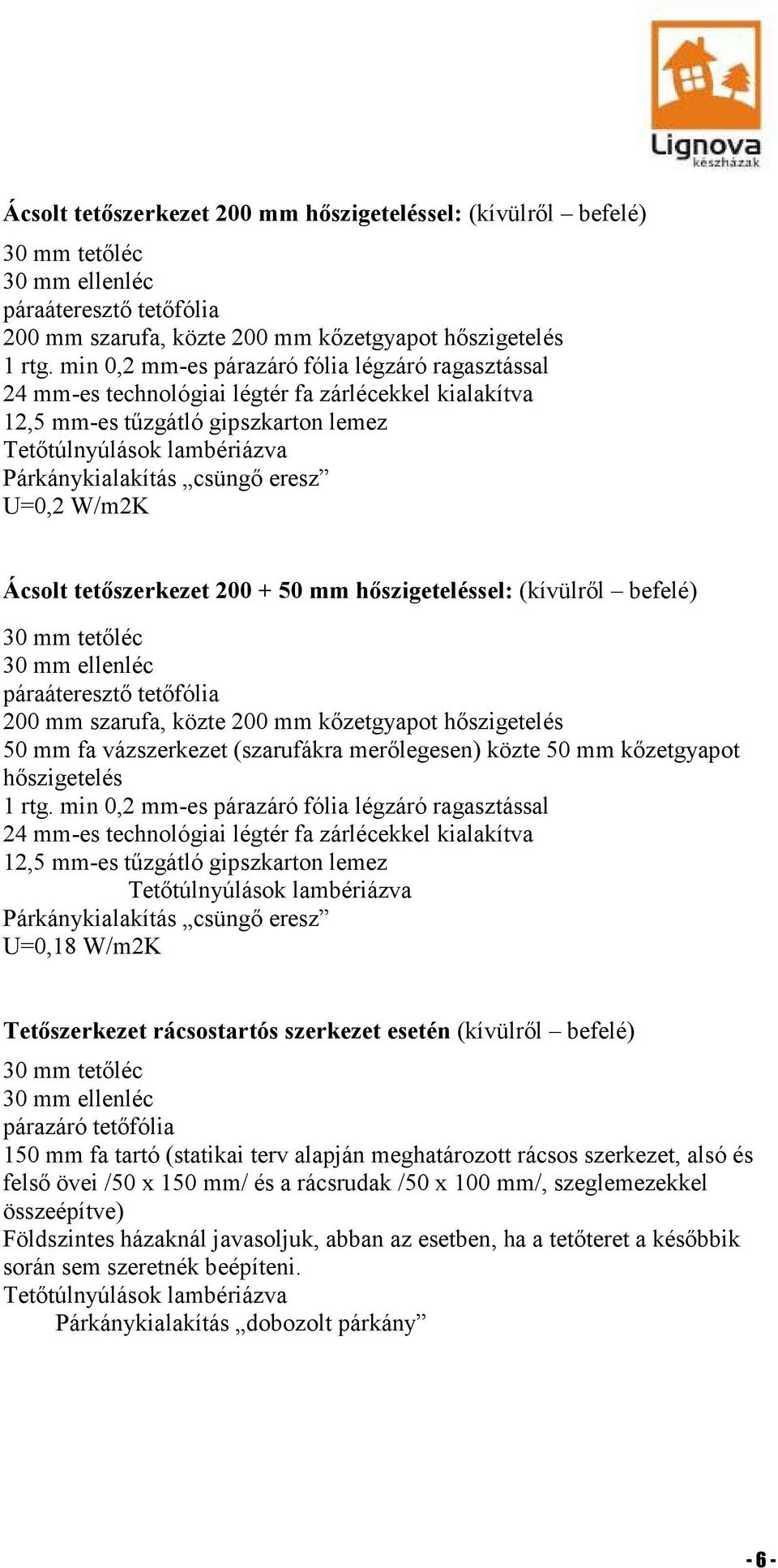 eresz U=0,2 W/m2K Ácsolt tetőszerkezet 200 + 50 mm hőszigeteléssel: (kívülről befelé) 30 mm tetőléc 30 mm ellenléc páraáteresztő tetőfólia 200 mm szarufa, közte 200 mm kőzetgyapot hőszigetelés 50 mm