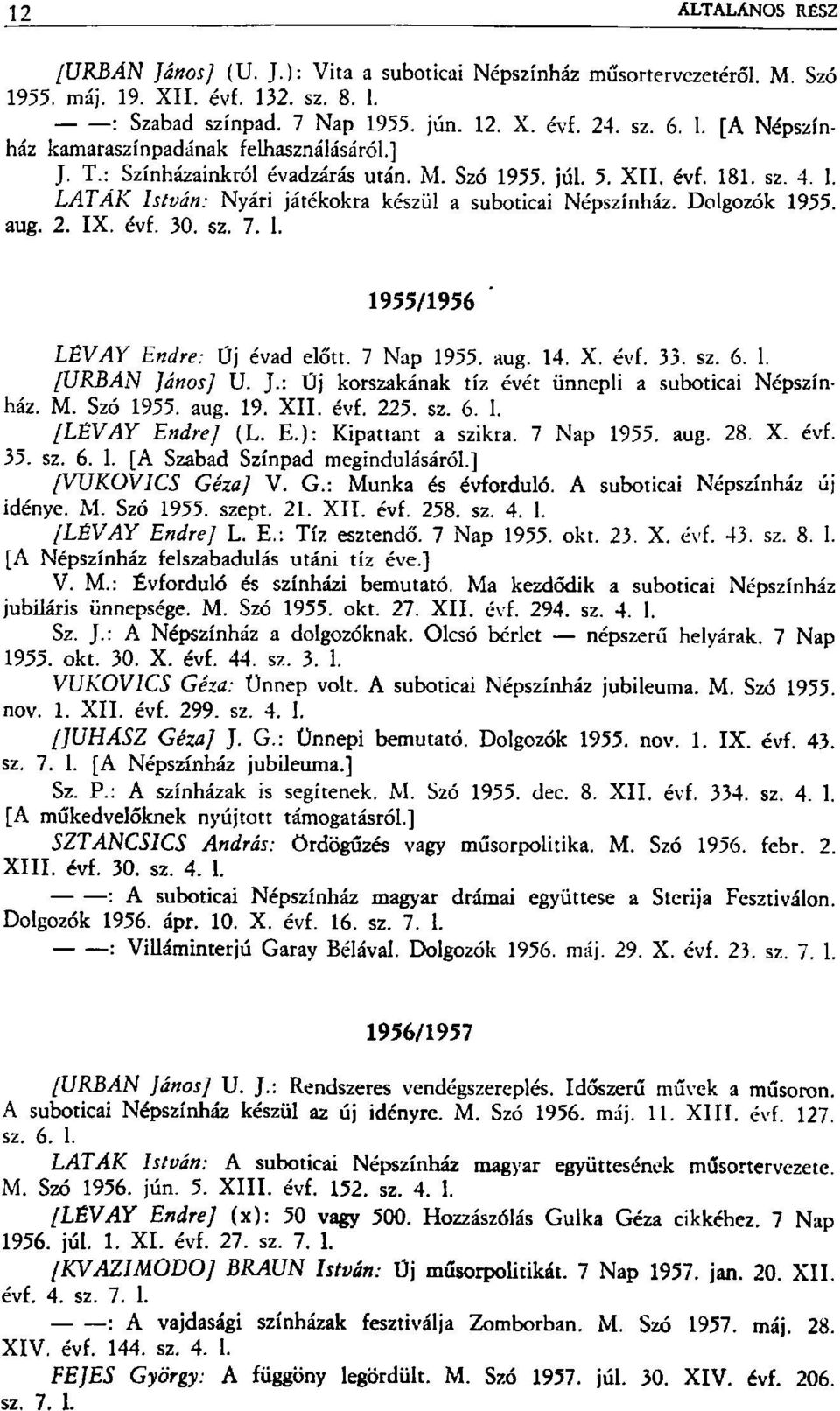 7 Nap 1955. aug. 14. X. évf. 33. sz. 6. 1. [URBAN JánosJ U. J.: Üj korszakának tíz évét ünnepli a suboticai Népszínház. M. Szó 1955. aug. 19. XII. évf. 225. sz. 6. 1. [LÉVAY Endre] (L. E.): Kipattant a szikra.