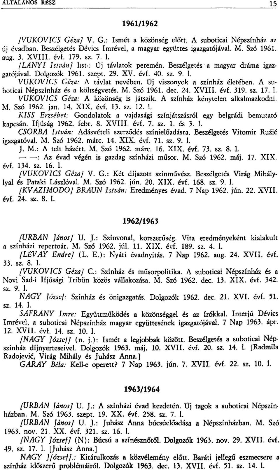 Üj viszonyok a színház életében. A suboticai Népszínház és a költségvetés. M. Szó 1961. dec. 24. XVIII. évf. 319. sz. 17. I. VUKOVICS Géza: A közönség is játszik. A színház kénytelen alkalmazkodni. M. Szó 1962.