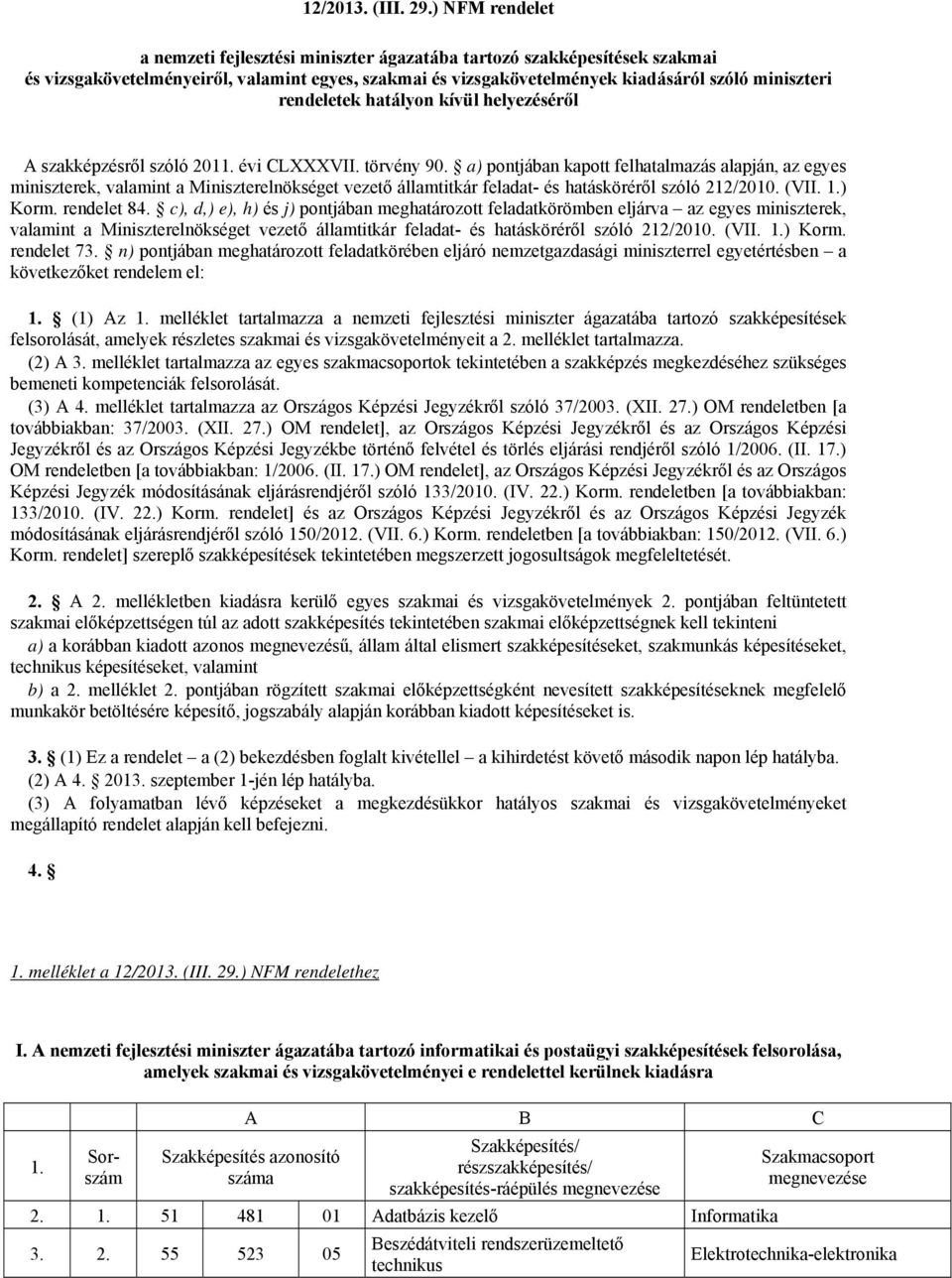 rendeletek hatályon kívül helyezéséről A szakképzésről szóló 2011. évi CLXXXVII. törvény 90.