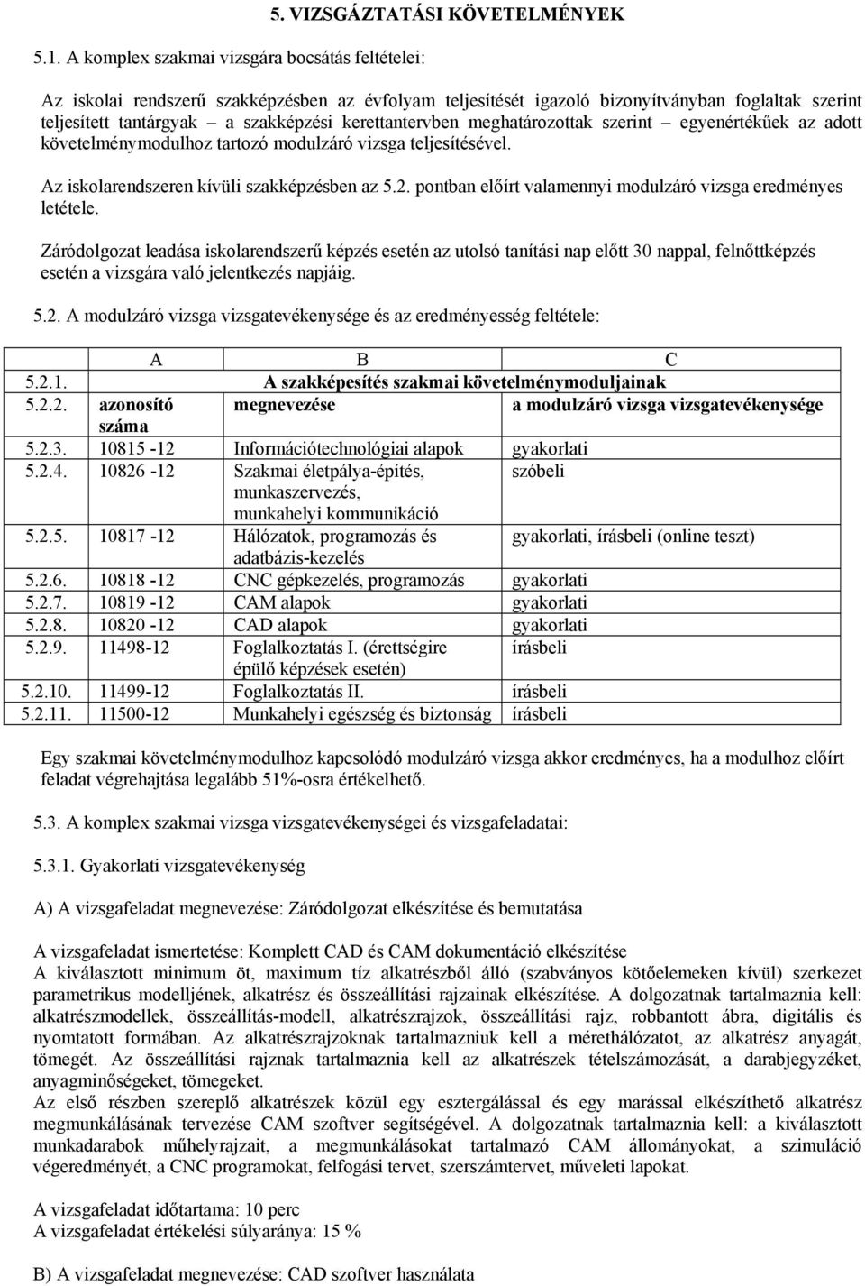 szerint egyenértékűek az adott követelménymodulhoz tartozó modulzáró vizsga teljesítésével. Az iskolarendszeren kívüli szakképzésben az 5.2.