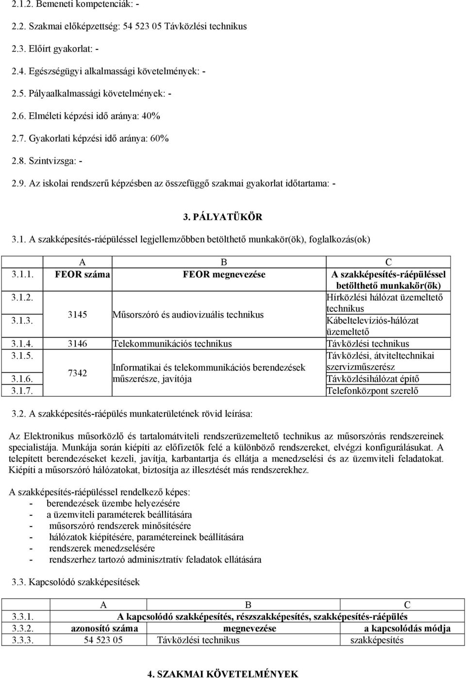 A szakképesítés-ráépüléssel legjellemzőbben betölthető munkakör(ök), foglalkozás(ok) 3.1.1. FEOR száma FEOR megnevezése A szakképesítés-ráépüléssel betölthető munkakör(ök) 3.1.2.