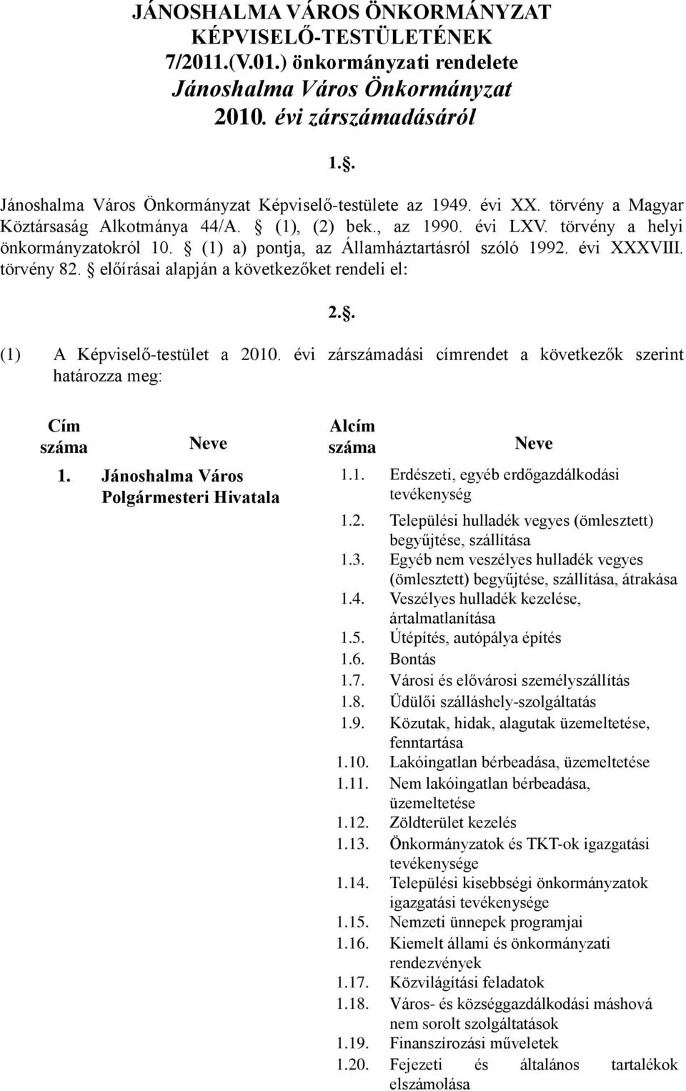 (1) a) pontja, az Államháztartásról szóló 1992. évi XXXVIII. törvény 82. előírásai alapján a következőket rendeli el: 2.. (1) A Képviselő-testület a 2010.