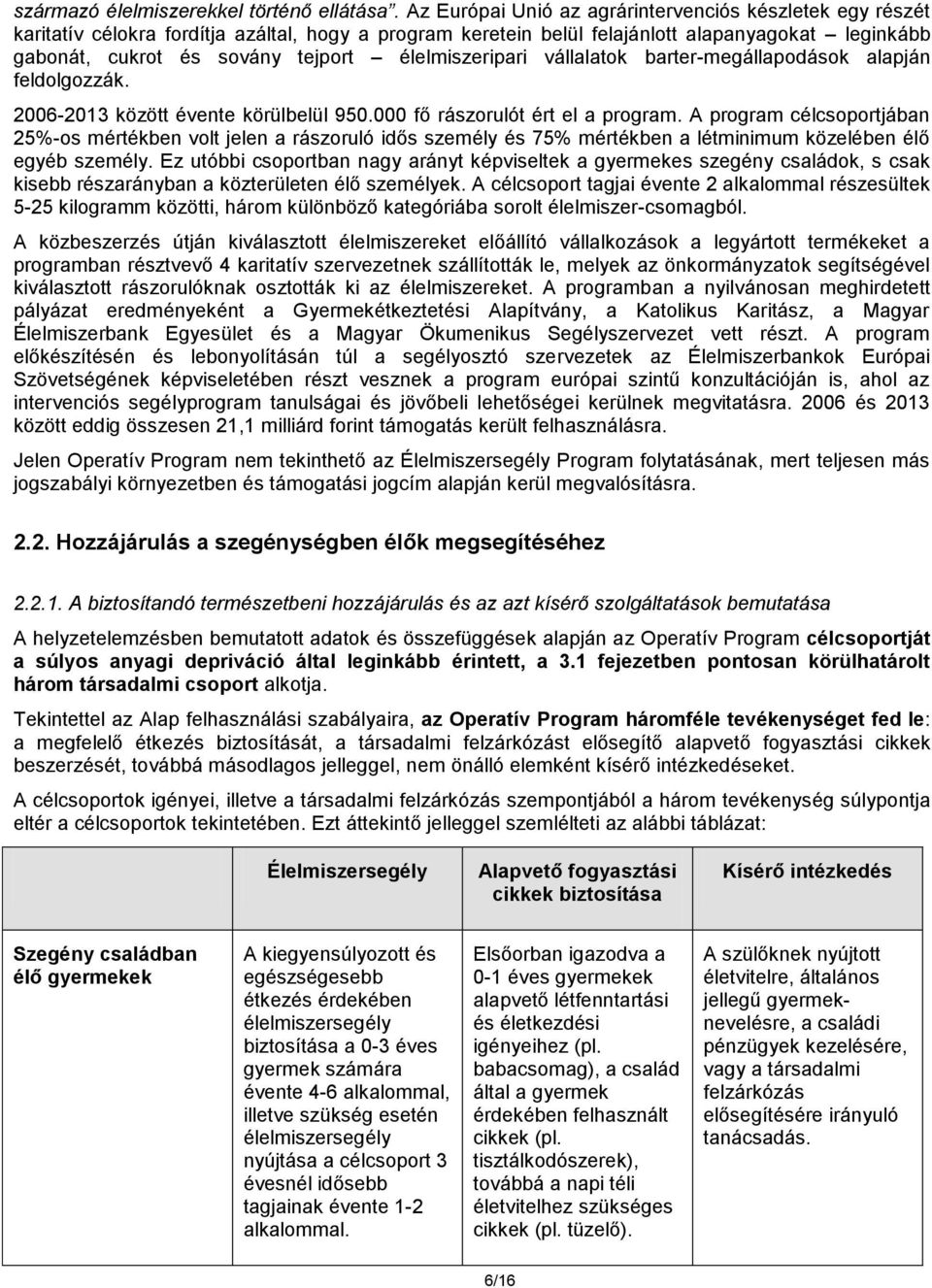 élelmiszeripari vállalatok barter-megállapodások alapján feldolgozzák. 2006-2013 között évente körülbelül 950.000 fő rászorulót ért el a program.