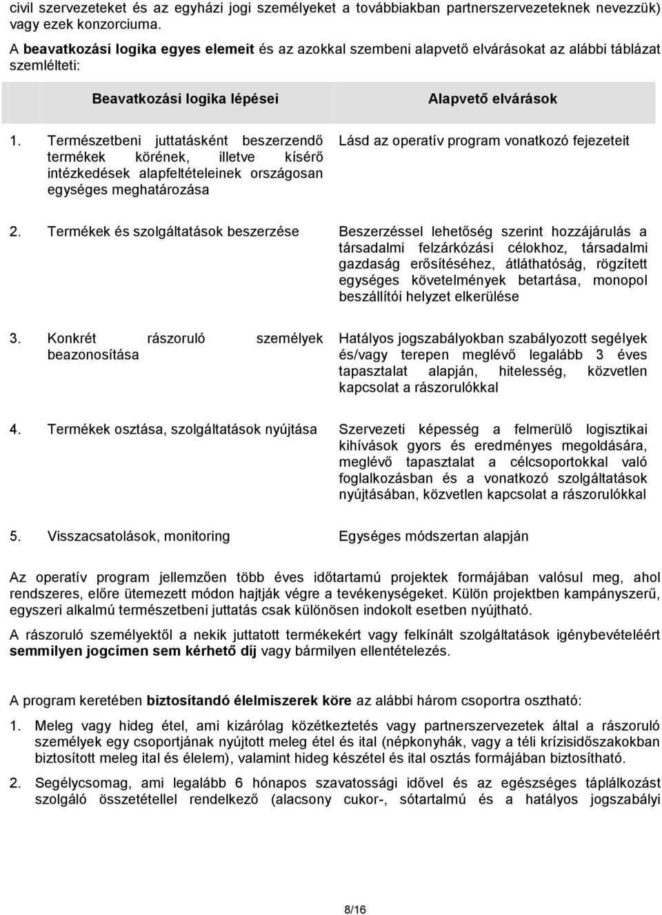 Természetbeni juttatásként beszerzendő termékek körének, illetve kísérő intézkedések alapfeltételeinek országosan egységes meghatározása Lásd az operatív program vonatkozó fejezeteit 2.