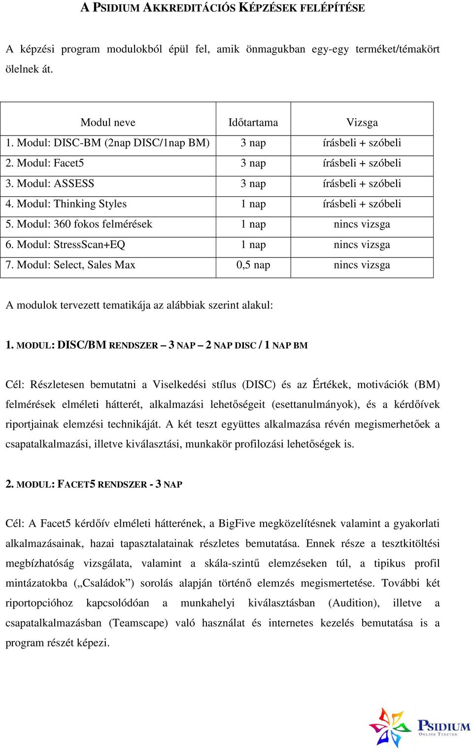 Modul: 360 fokos felmérések 1 nap nincs vizsga 6. Modul: StressScan+EQ 1 nap nincs vizsga 7. Modul: Select, Sales Max 0,5 nap nincs vizsga A modulok tervezett tematikája az alábbiak szerint alakul: 1.