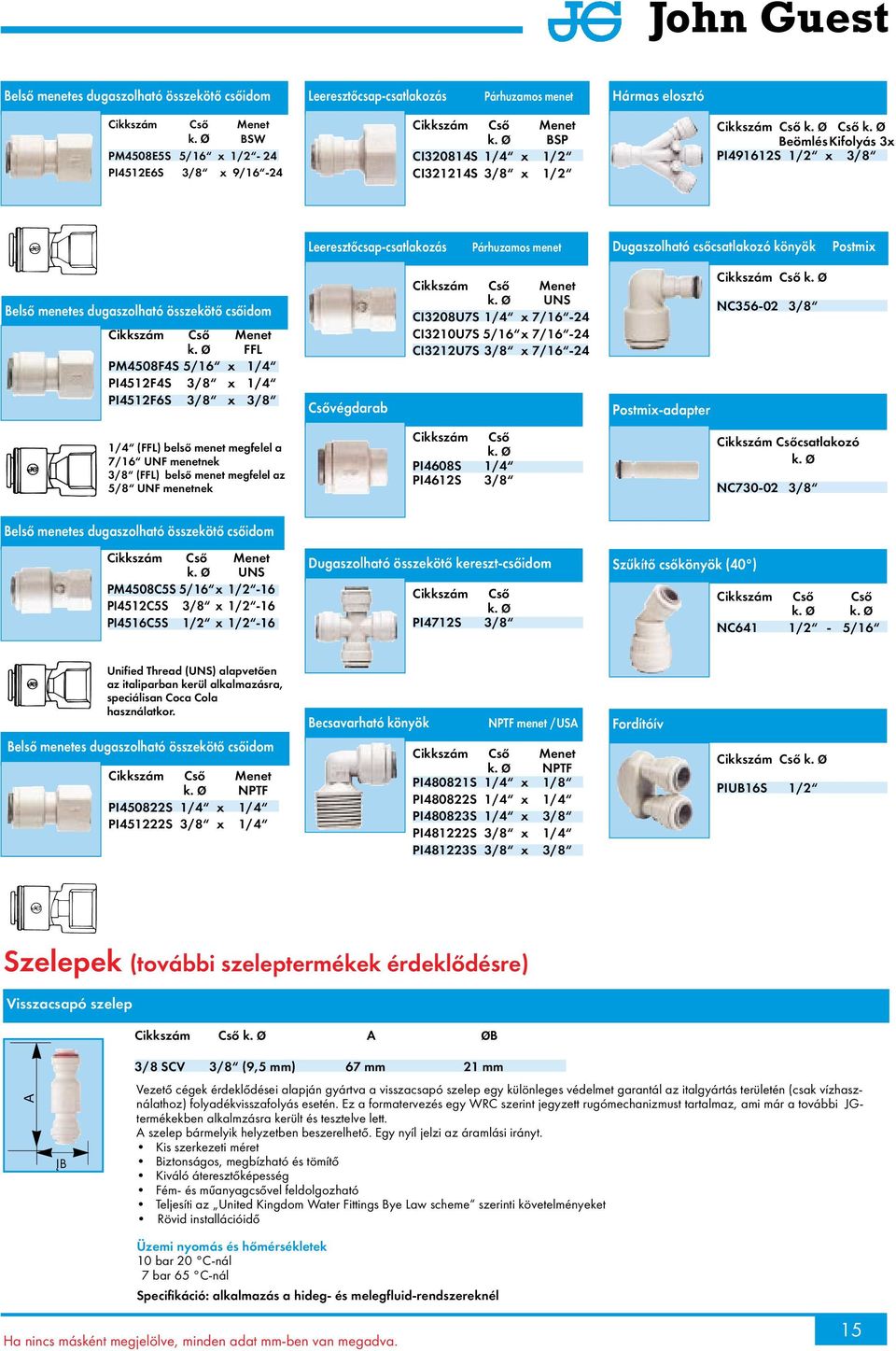 PI4512F4S 3/8 x 1/4 PI4512F6S 3/8 x 3/8 sővégdarab UNS I3208U7S 1/4 x 7/16-24 I3210U7S 5/16 x 7/16-24 I3212U7S 3/8 x 7/16-24 Postmix-adapter ső N356-02 3/8 1/4 (FFL) belső menet megfelel a 7/16 UNF