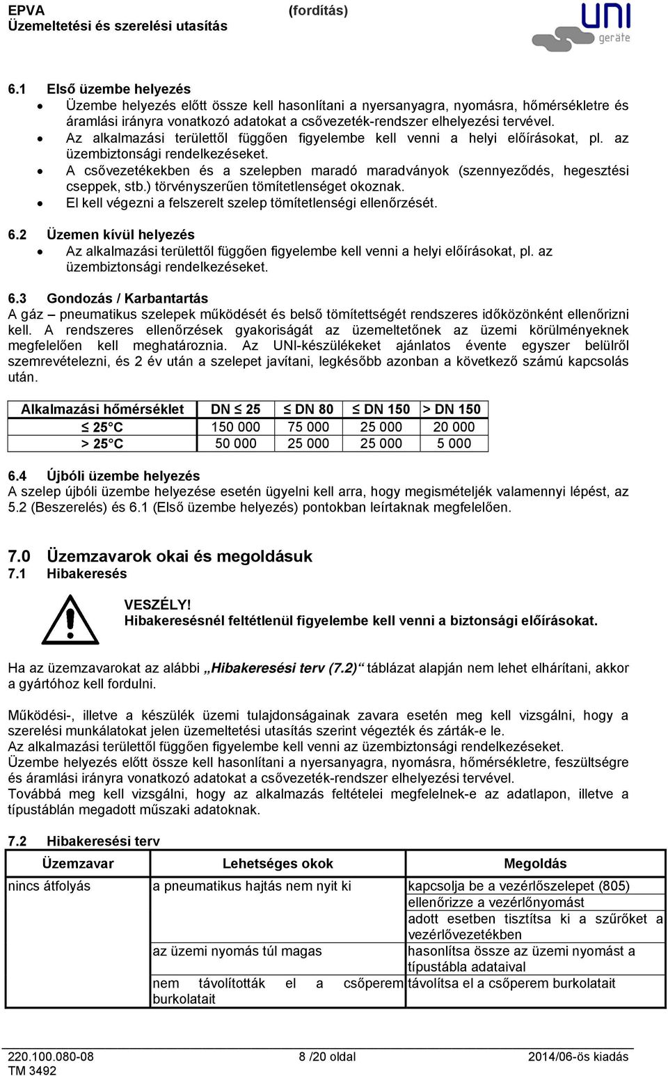 A csővezetékekben és a szelepben maradó maradványok (szennyeződés, hegesztési cseppek, stb.) törvényszerűen tömítetlenséget okoznak. El kell végezni a felszerelt szelep tömítetlenségi ellenőrzését. 6.