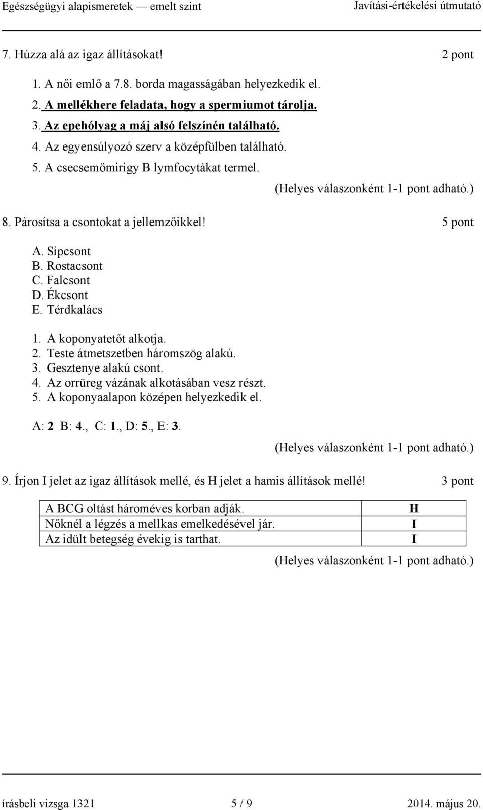 Térdkalács 1. A koponyatetőt alkotja. 2. Teste átmetszetben háromszög alakú. 3. Gesztenye alakú csont. 4. Az orrüreg vázának alkotásában vesz részt. 5. A koponyaalapon középen helyezkedik el.