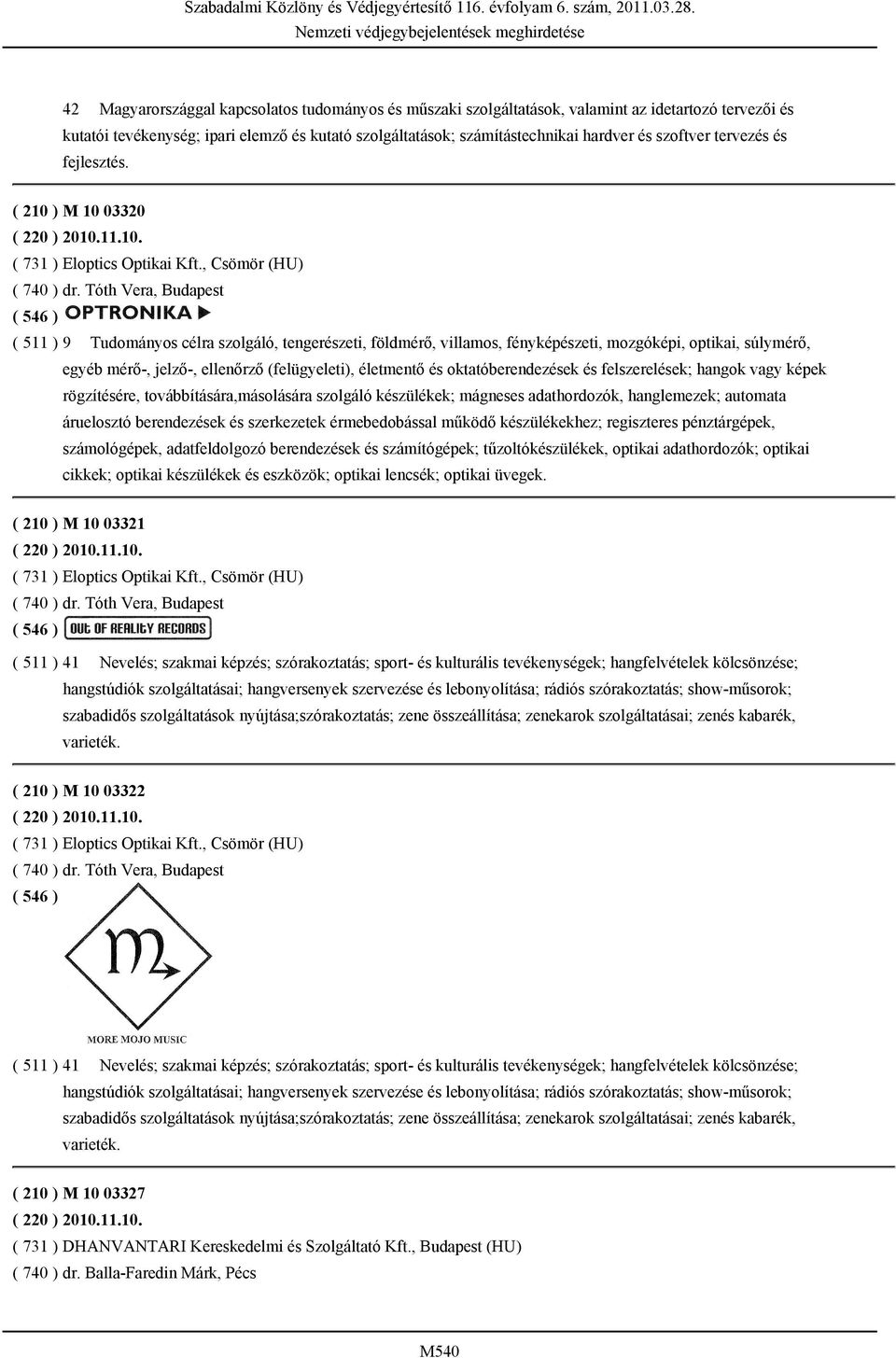 Tóth Vera, Budapest ( 511 ) 9 Tudományos célra szolgáló, tengerészeti, földmérő, villamos, fényképészeti, mozgóképi, optikai, súlymérő, egyéb mérő-, jelző-, ellenőrző (felügyeleti), életmentő és