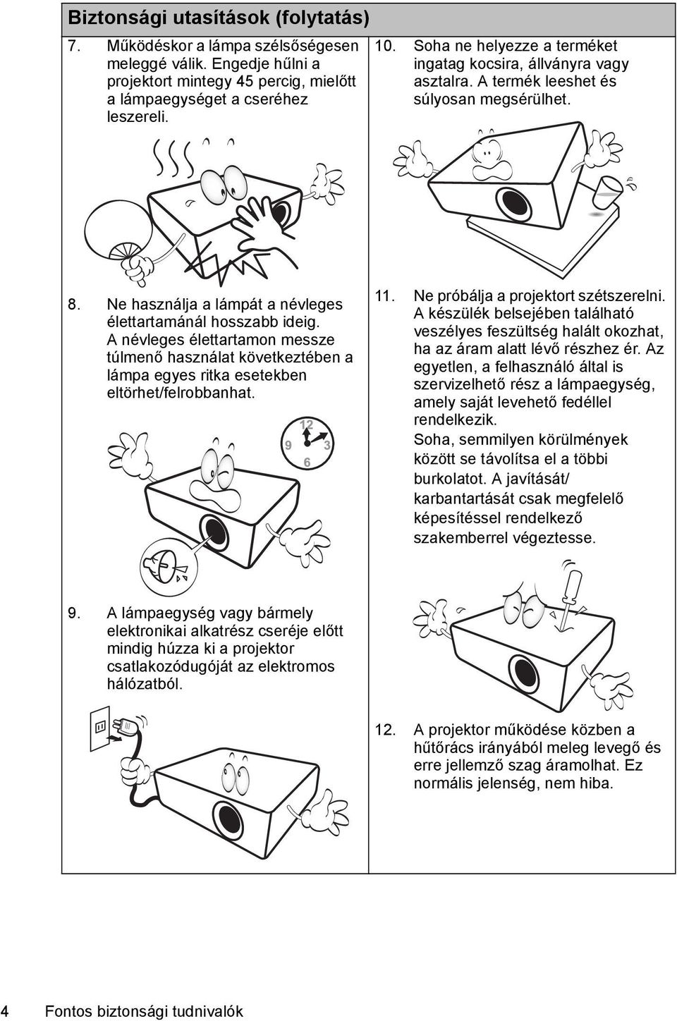 A névleges élettartamon messze túlmenő használat következtében a lámpa egyes ritka esetekben eltörhet/felrobbanhat. 11. Ne próbálja a projektort szétszerelni.