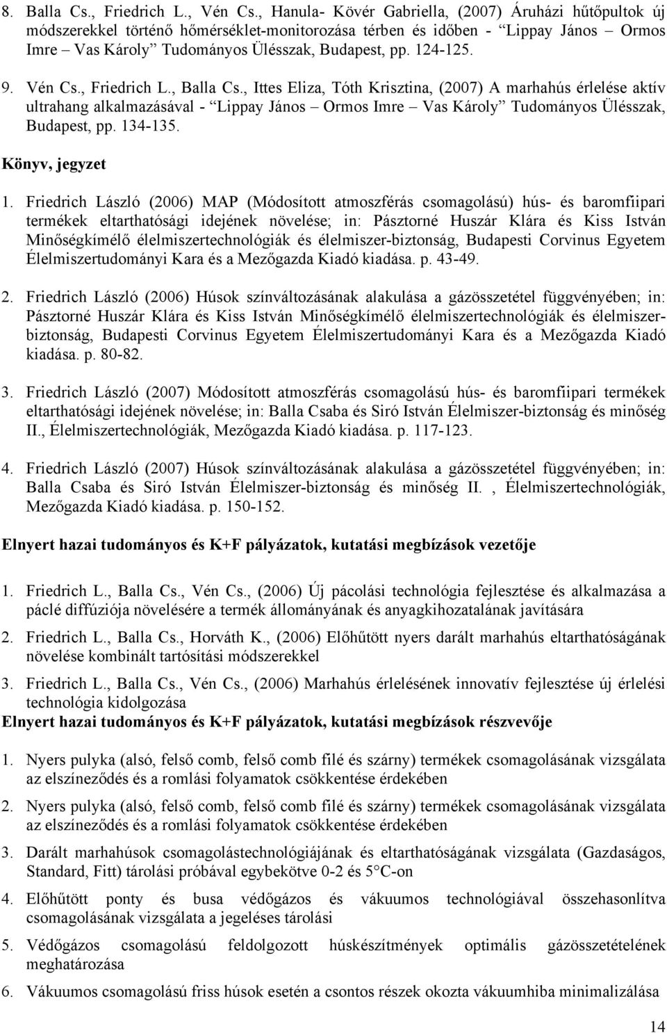 9. Vén Cs., Friedrich L., Balla Cs., Ittes Eliza, Tóth Krisztina, (2007) A marhahús érlelése aktív ultrahang alkalmazásával - Lippay János Ormos Imre Vas Károly Tudományos Ülésszak, Budapest, pp.