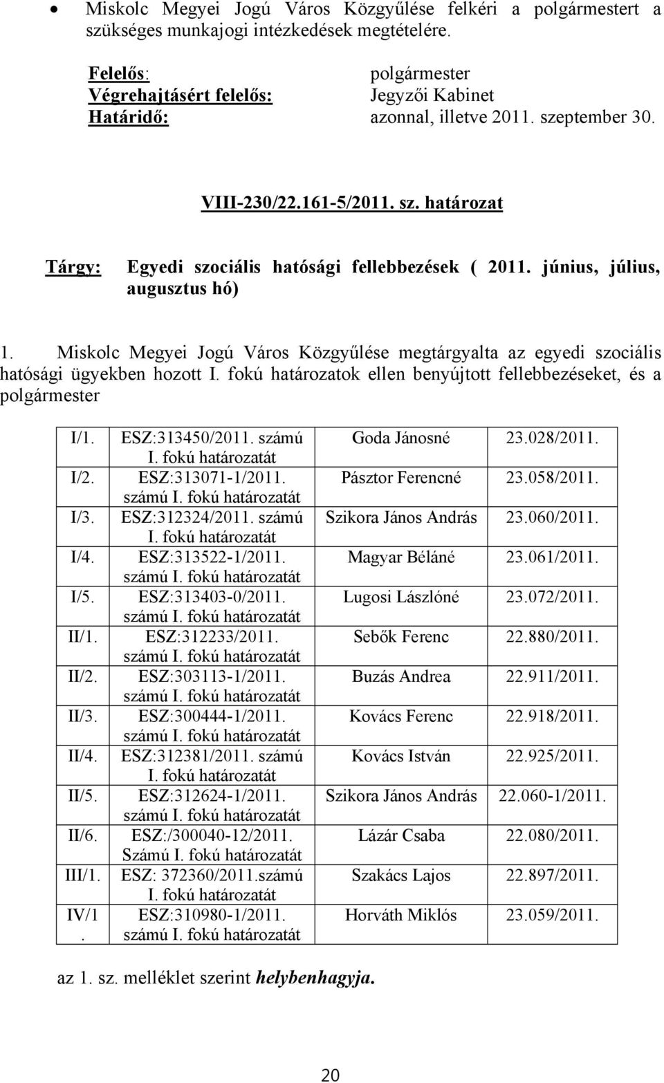 I/3. I/4. I/5. II/1. II/2. II/3. II/4. II/5. II/6. III/1. IV/1. ESZ:313450/2011. számú I. fokú határozatát ESZ:313071-1/2011. számú I. fokú határozatát ESZ:312324/2011. számú I. fokú határozatát ESZ:313522-1/2011.