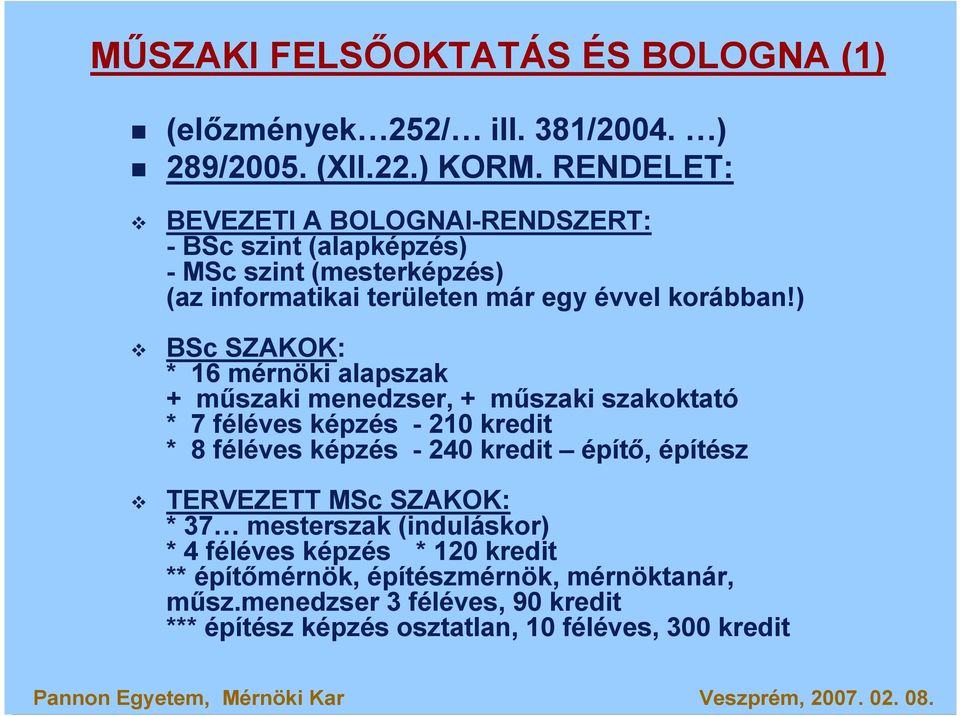 ) BSc SZAKOK: * 16 mérnöki alapszak + mőszaki menedzser, + mőszaki szakoktató * 7 féléves képzés - 210 kredit * 8 féléves képzés - 240 kredit építı,