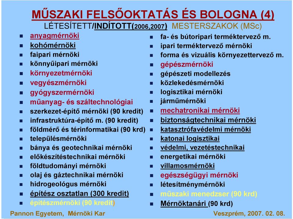 (90 kredit) földmérı és térinformatikai (90 krd) településmérnöki bánya és geotechnikai mérnöki elıkészítéstechnikai mérnöki földtudományi mérnöki olaj és gáztechnikai mérnöki hidrogeológus mérnöki