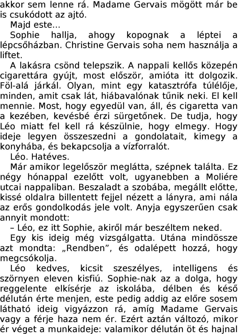 Olyan, mint egy katasztrófa túlélője, minden, amit csak lát, hiábavalónak tűnik neki. El kell mennie. Most, hogy egyedül van, áll, és cigaretta van a kezében, kevésbé érzi sürgetőnek.