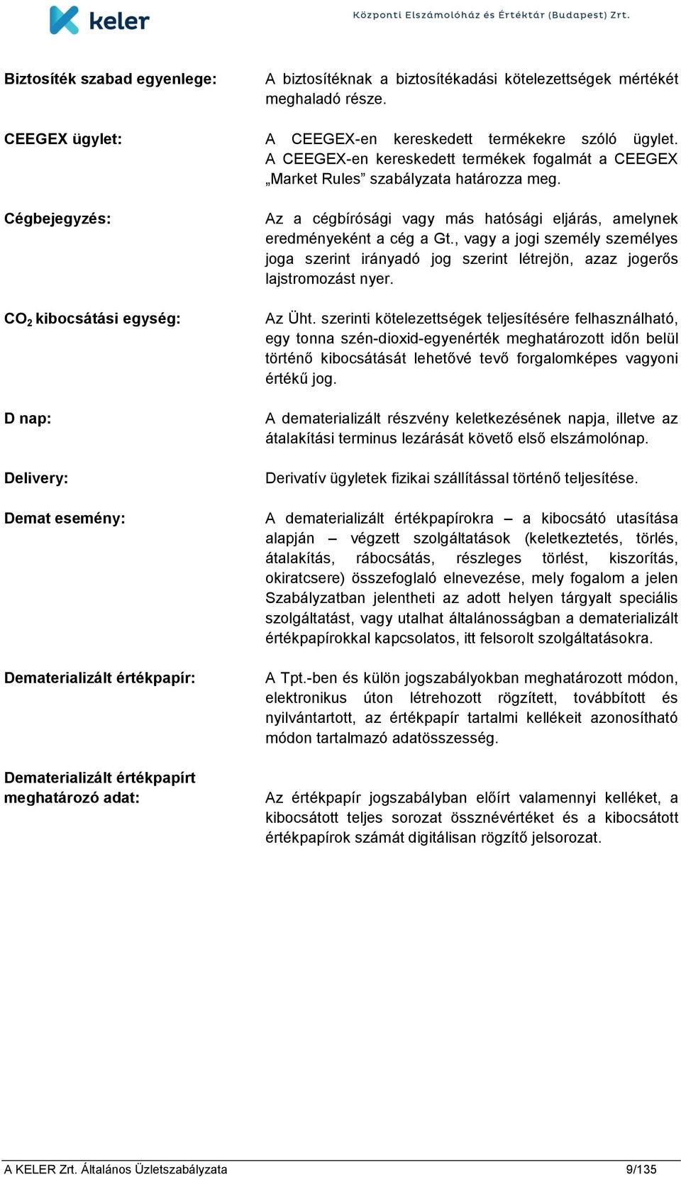 Cégbejegyzés: CO 2 kibocsátási egység: D nap: Delivery: Demat esemény: Dematerializált értékpapír: Dematerializált értékpapírt meghatározó adat: Az a cégbírósági vagy más hatósági eljárás, amelynek