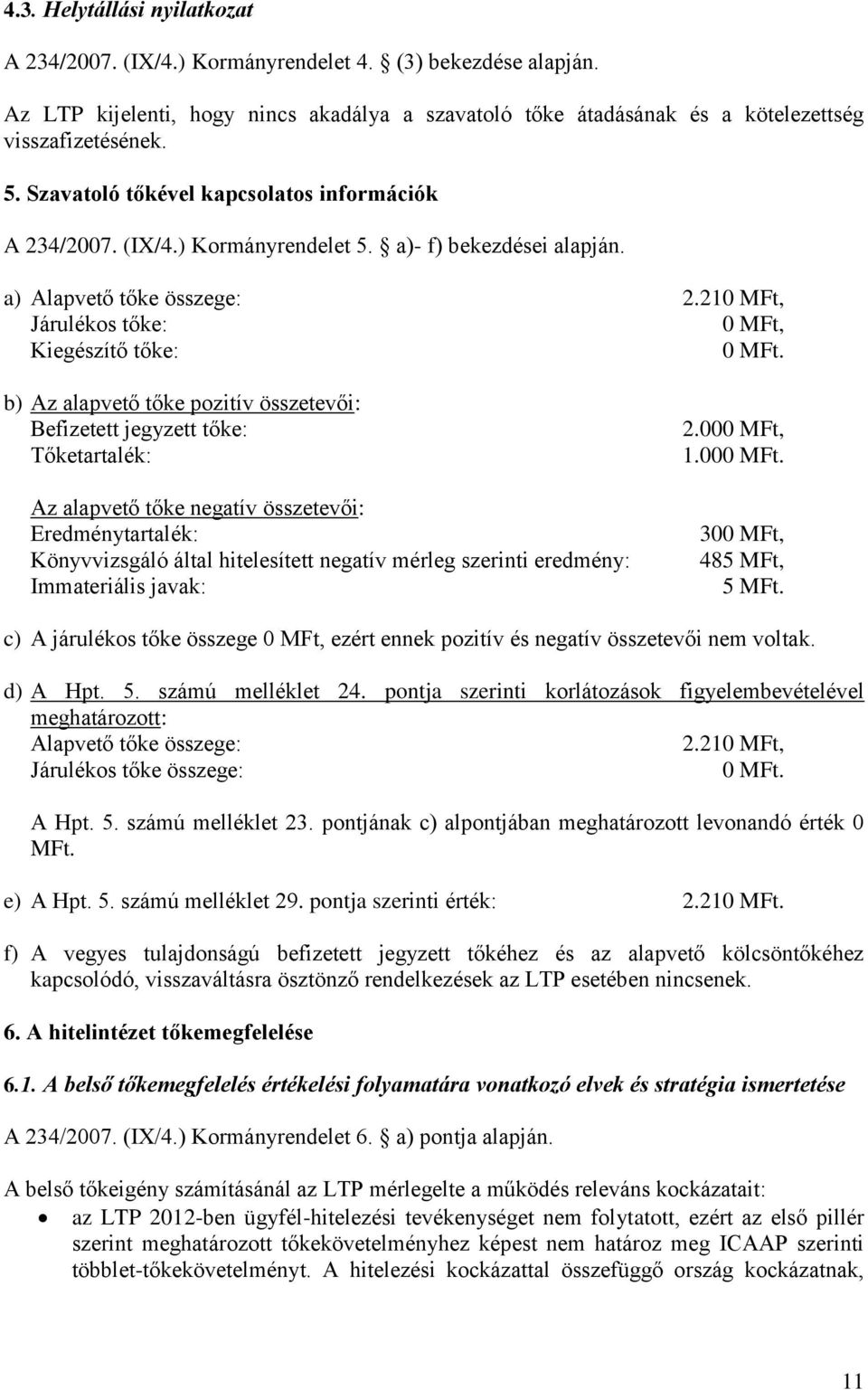 b) Az alapvető tőke pozitív összetevői: Befizetett jegyzett tőke: Tőketartalék: Az alapvető tőke negatív összetevői: Eredménytartalék: Könyvvizsgáló által hitelesített negatív mérleg szerinti