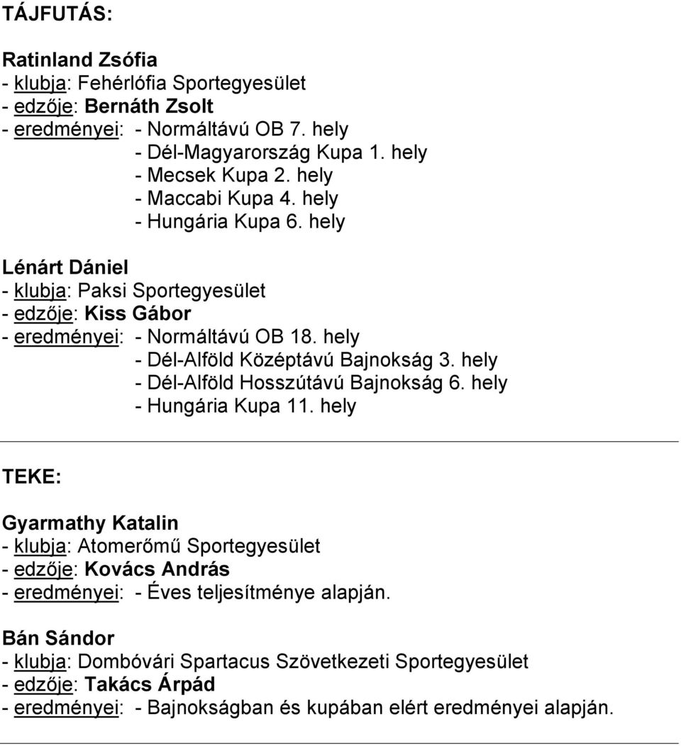 hely Lénárt Dániel - klubja: Paksi Sportegyesület - edzője: Kiss Gábor - eredményei: - Normáltávú OB 18. hely - Dél-Alföld Középtávú Bajnokság 3.