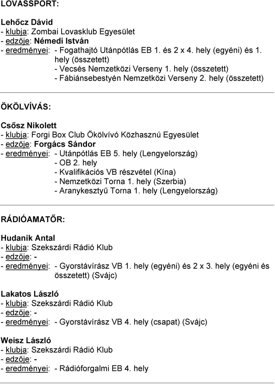 hely (összetett) ÖKÖLVÍVÁS: Csősz Nikolett - klubja: Forgi Box Club Ökölvívó Közhasznú Egyesület - edzője: Forgács Sándor - eredményei: - Utánpótlás EB 5. hely (Lengyelország) - OB 2.