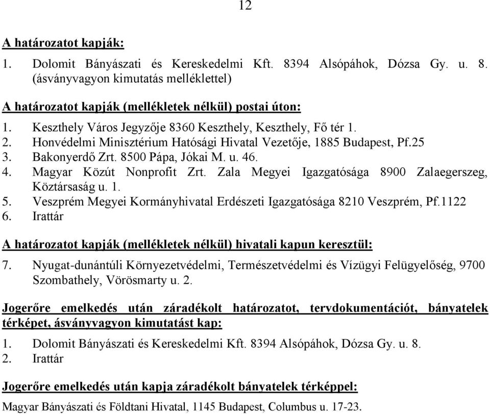 . 4. Magyar Közút Nonprofit Zrt. Zala Megyei Igazgatósága 8900 Zalaegerszeg, Köztársaság u. 1. 5. Veszprém Megyei Kormányhivatal Erdészeti Igazgatósága 8210 Veszprém, Pf.1122 6.