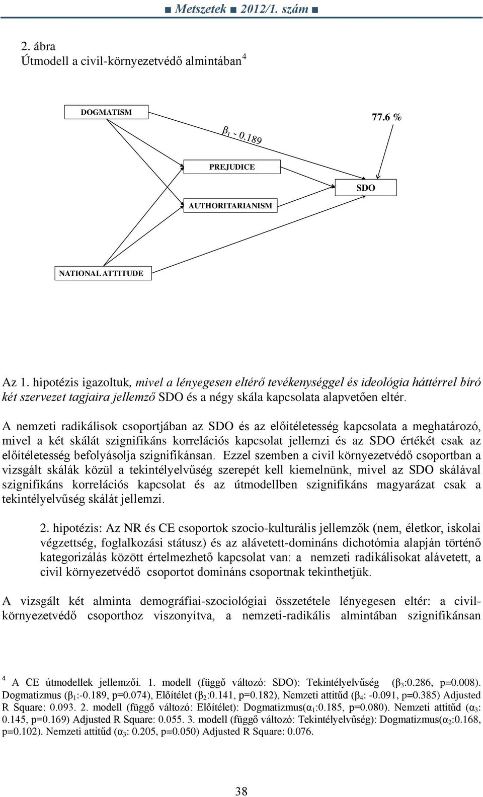 A nemzeti radikálisok csoportjában az SDO és az előítéletesség kapcsolata a meghatározó, mivel a két skálát szignifikáns korrelációs kapcsolat jellemzi és az SDO értékét csak az előítéletesség