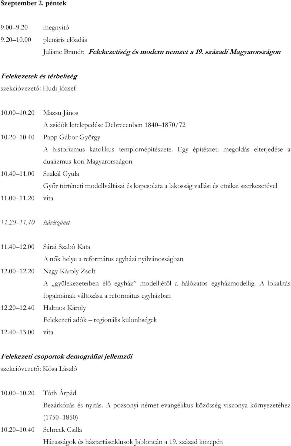 Egy építészeti megoldás elterjedése a dualizmus-kori Magyarországon 10.40 11.00 Szakál Gyula Győr történeti modellváltásai és kapcsolata a lakosság vallási és etnikai szerkezetével 11.00 11.