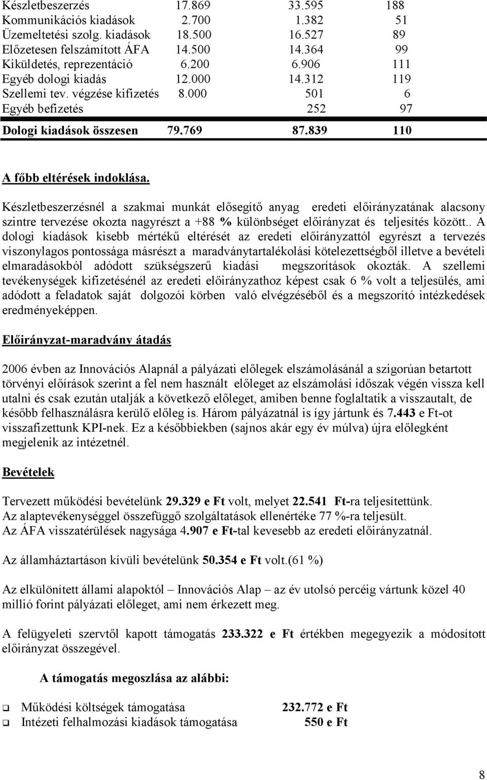 Készletbeszerzésnél a szakmai munkát elısegítı anyag eredeti elıirányzatának alacsony szintre tervezése okozta nagyrészt a +88 % különbséget elıirányzat és teljesítés között.