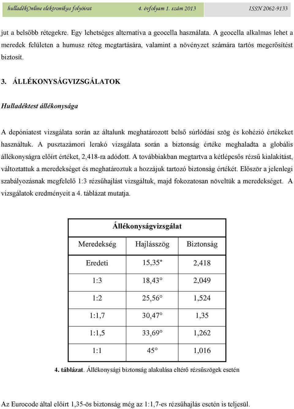 ÁLLÉKONYSÁGVIZSGÁLATOK Hulladéktest állékonysága A depóniatest vizsgálata során az általunk meghatározott belső súrlódási szög és kohézió értékeket használtuk.