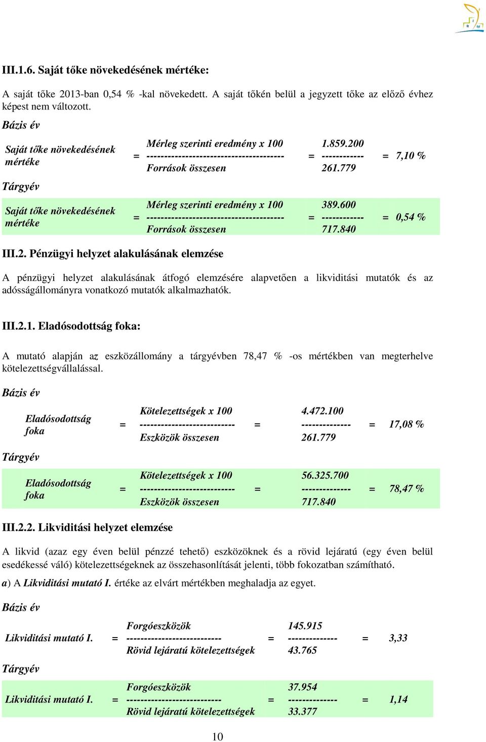 200 = --------------------------------------- = ------------ = 7,10 % Források összesen 261.779 Mérleg szerinti eredmény x 100 389.