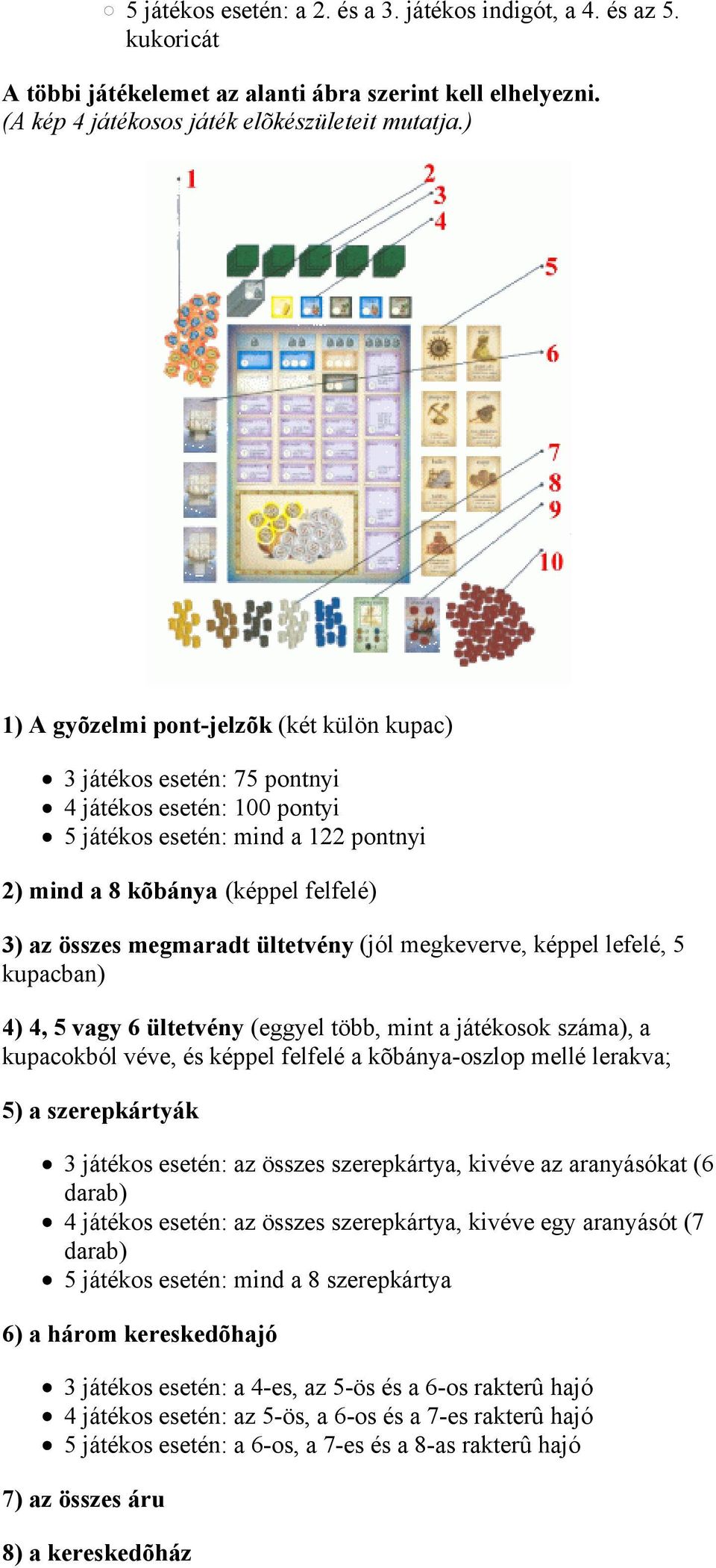 megmaradt ültetvény (jól megkeverve, képpel lefelé, 5 kupacban) 4) 4, 5 vagy 6 ültetvény (eggyel több, mint a játékosok száma), a kupacokból véve, és képpel felfelé a kõbánya-oszlop mellé lerakva; 5)